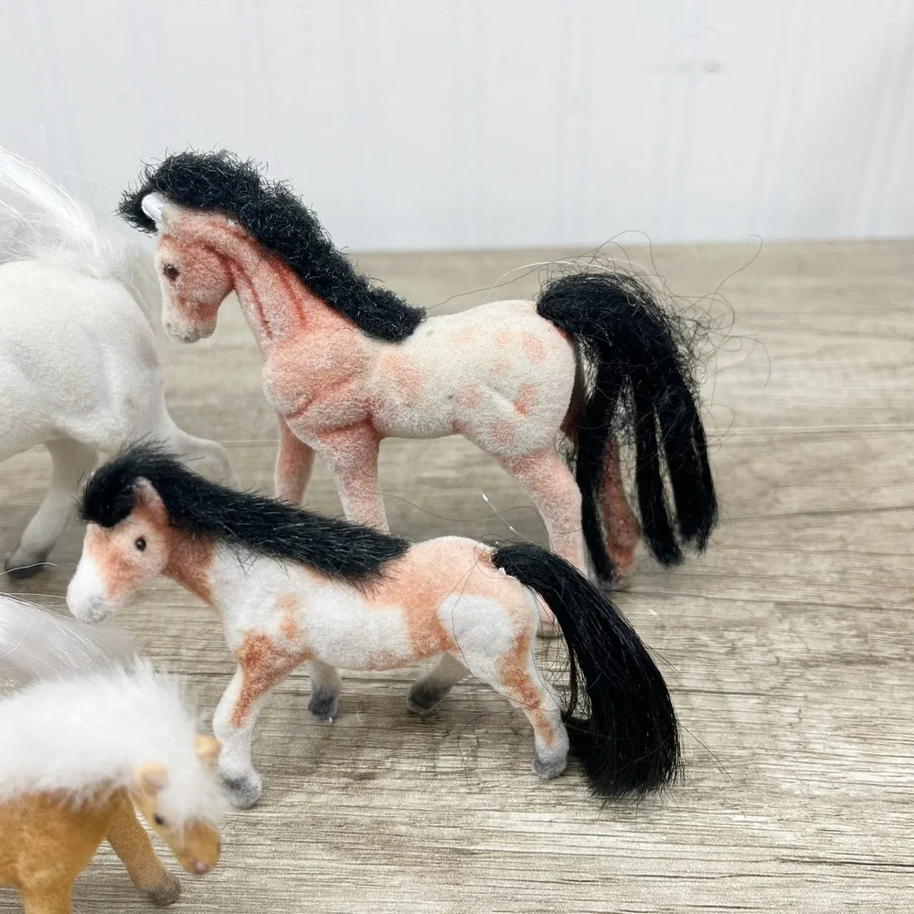 Vintage Flocked Horse and Cow Figurines Lot of 6 Fuzzy Farm Animals Toy Set
